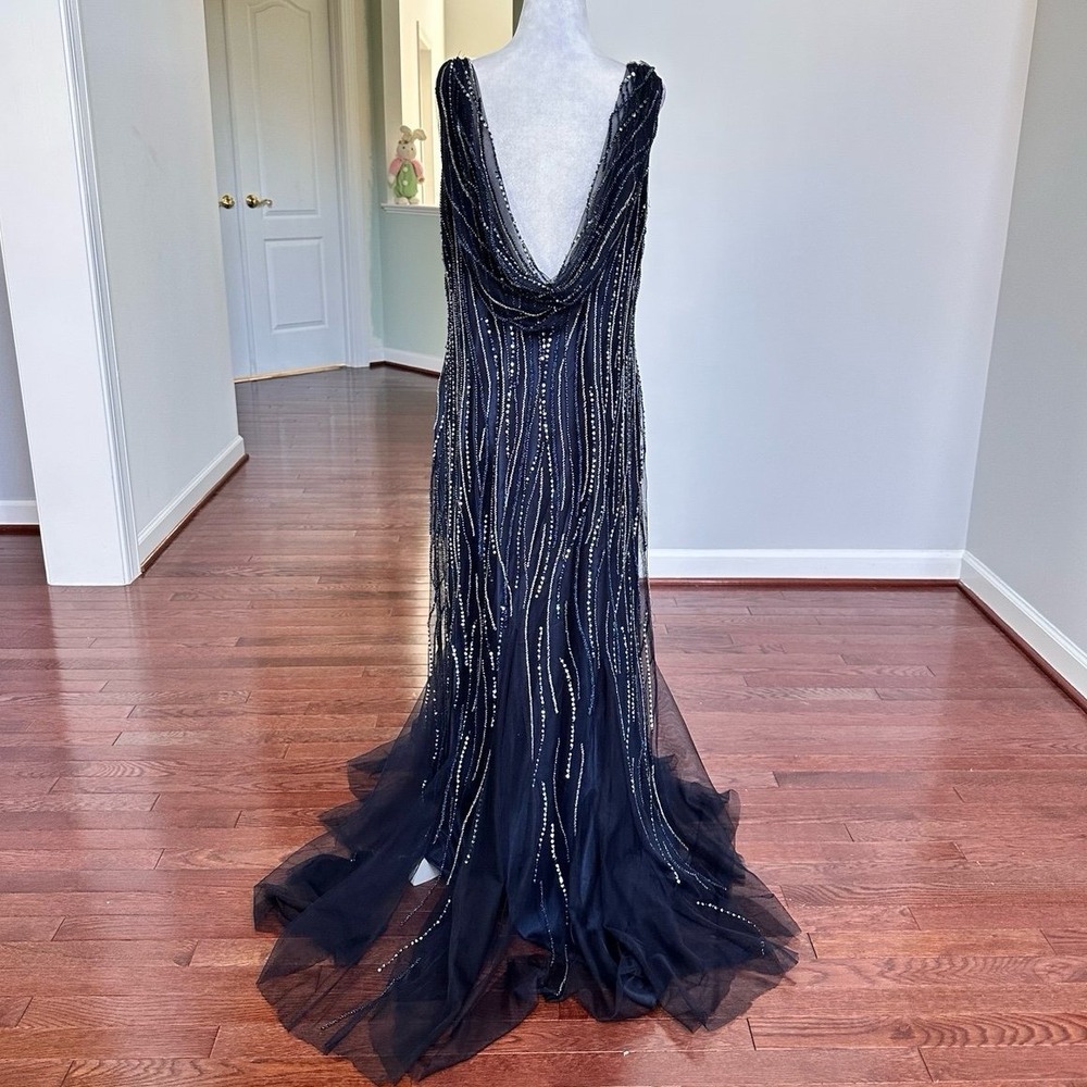 Luxury Pronovias Navy Blue Beaded Embellished Plunge Open Low Back Gown Dress - Picture 2 of 12